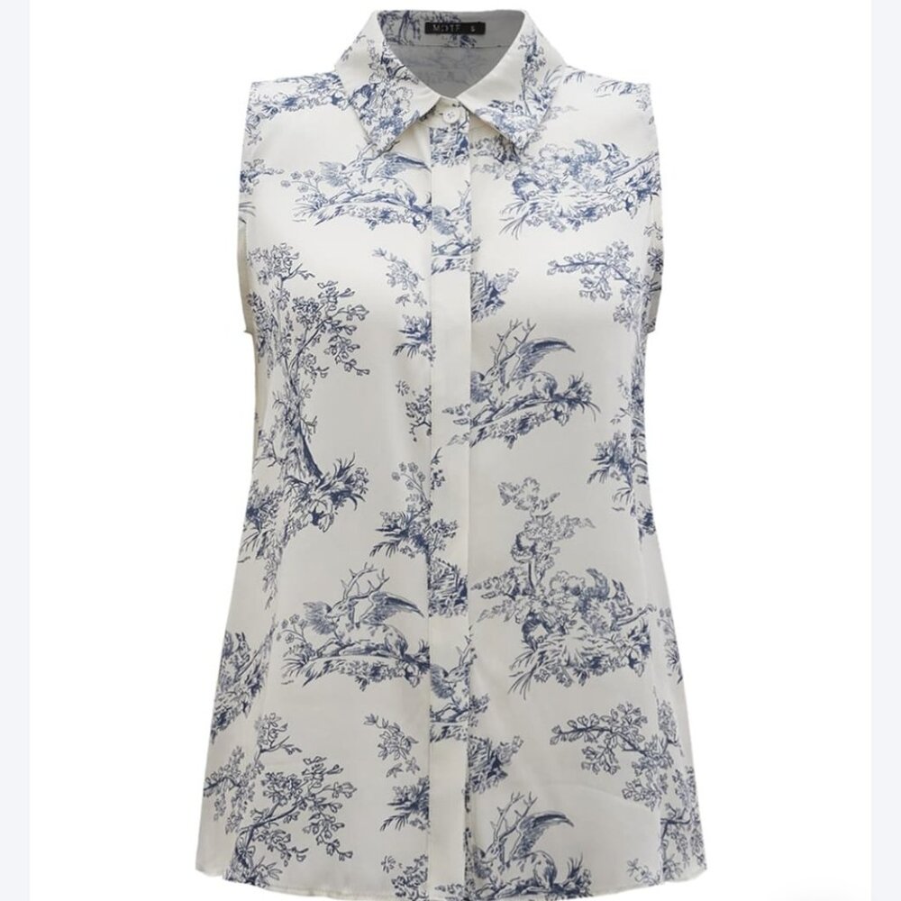 NWT silk blend botanical deer delft print collared blue button down tank blouse